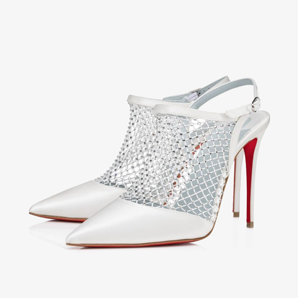 Ivory Crepe Satin Pump Sandal with Fishnet Upper