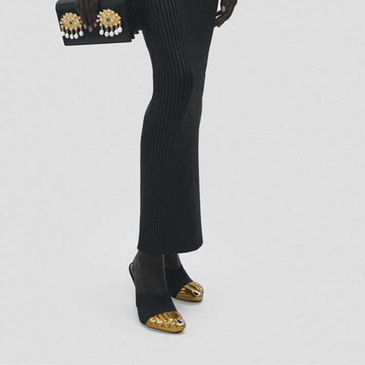 Satin Mules 100mm with Golden Details - Arno Conti Shoe