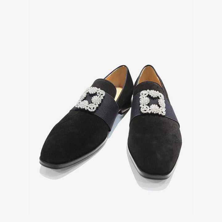 Suede Loafers with Decorative Jeweled Strap - Arno Conti Shoe