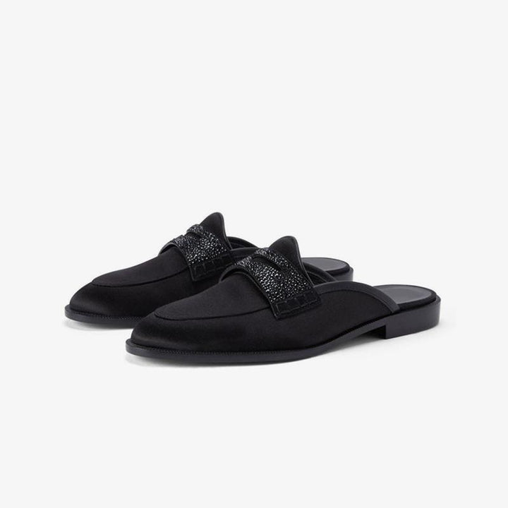 Black Rhinestone Slipper Leather Satin Shoes - ARNO CONTI