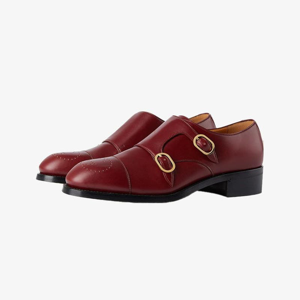 Bordeaux Red Leather Brogue Shoes with Buckle Strap - Arno Conti Shoe