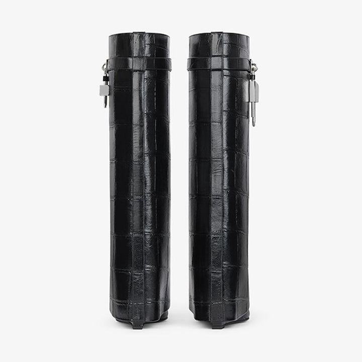 Luxe Black Crocodile-Embossed High Boots - Arno Conti Shoe