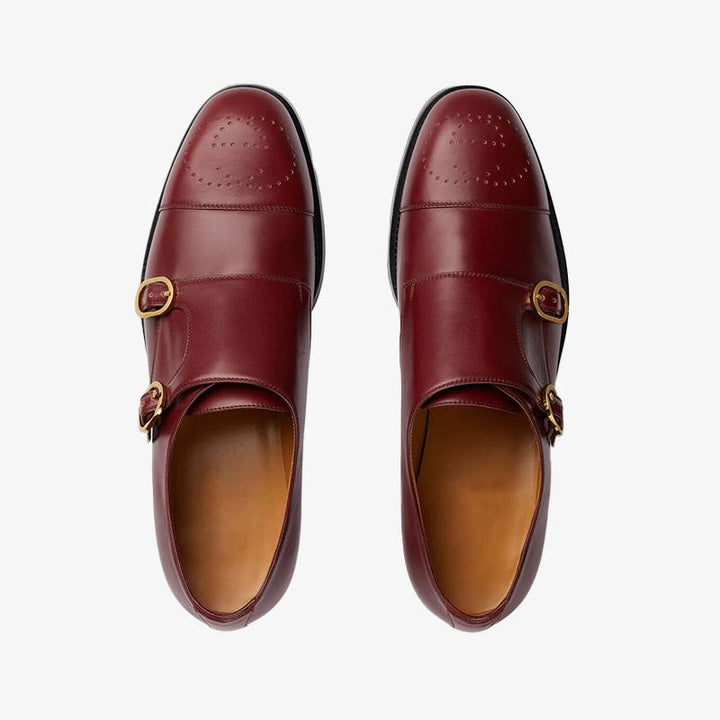 Bordeaux Red Leather Brogue Shoes with Buckle Strap - Arno Conti Shoe