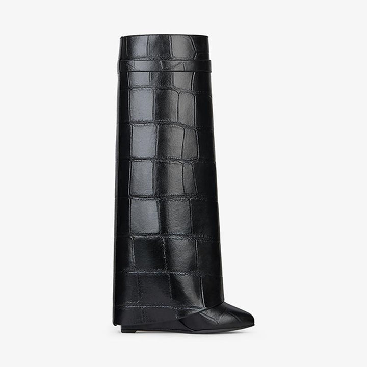 Luxe Black Crocodile-Embossed High Boots - Arno Conti Shoe