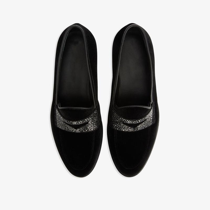 Black Velvet Loafers with Rhinestone Detail - Arno Conti Shoe