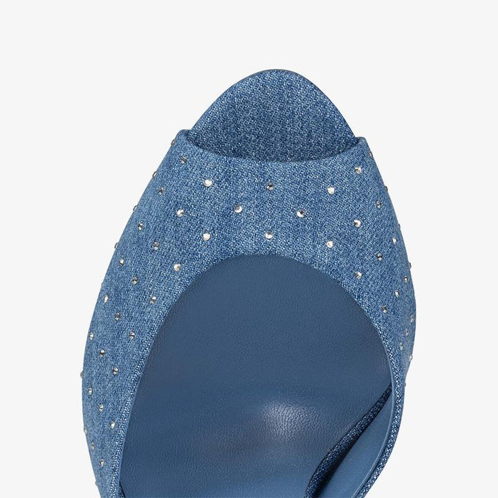 Elegant Blue Denim Strass Heeled Mules - ARNO CONTI