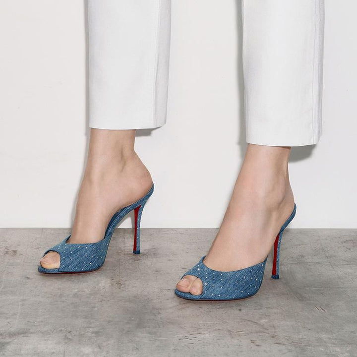 Elegant Blue Denim Strass Heeled Mules - ARNO CONTI